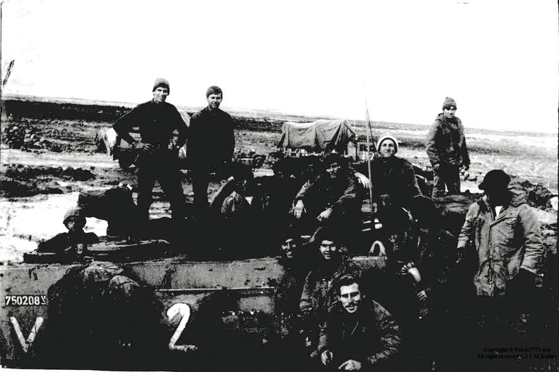 Palsar7 in a rare picture from Kfar Nasej inside Syria late in1973 or early 1974. Ofer, Amos , Gabi, Israel, Victor, Itamar, and Sakori is the driver. The rest can't be IDs. If someone can come up with more names that would be helpful.
MK Kfar Nasej Syria 1873.JPG